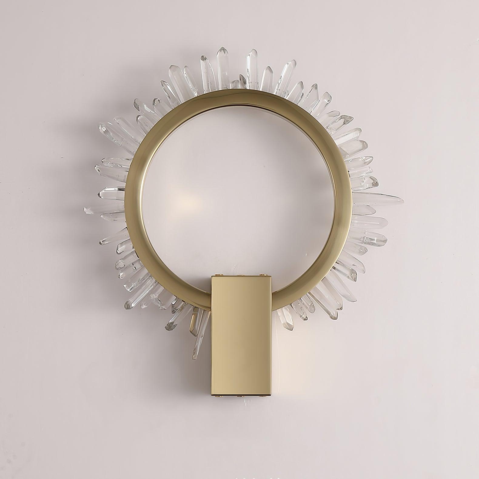 Unlit front view of the open gold ring, clear pointed crystals and rectangular lower mount