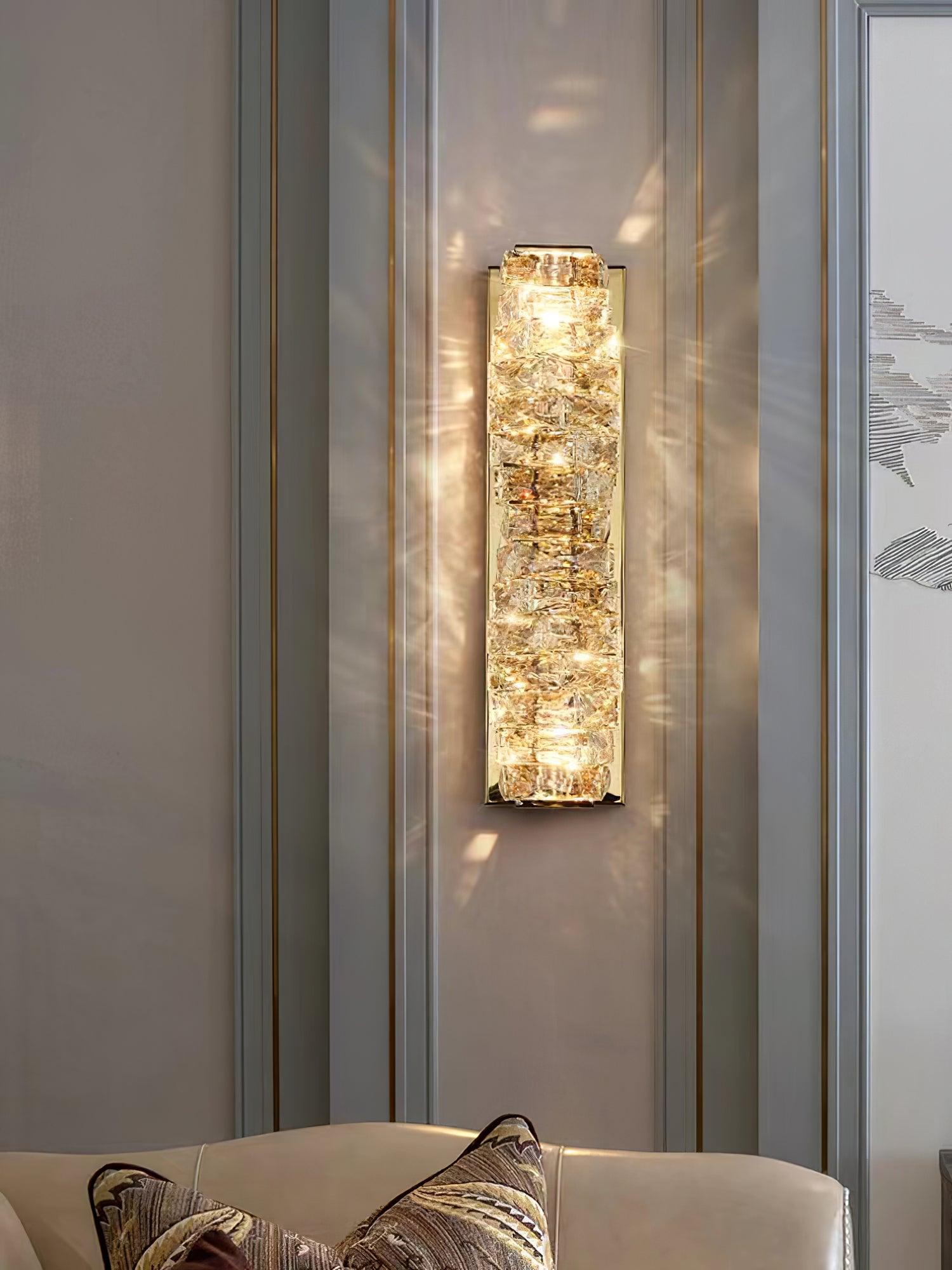 Tall Gold crystal light in a living room