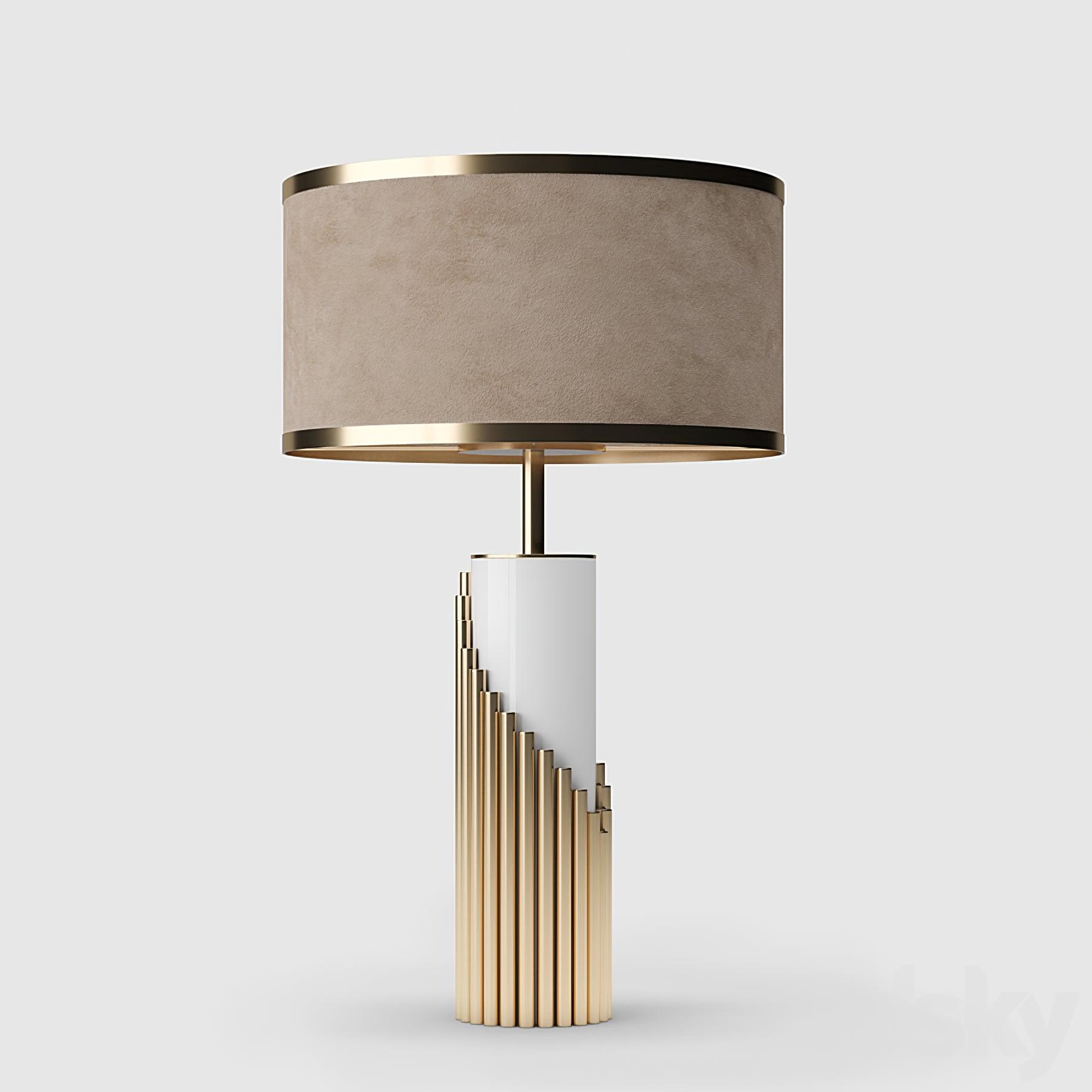 Streamline table lamp with stepped gold-colour tubes and a champagne drum shade
