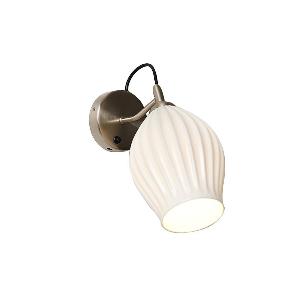 White ribbed ceramic shade on a sand-nickel arm and round plate with a push button