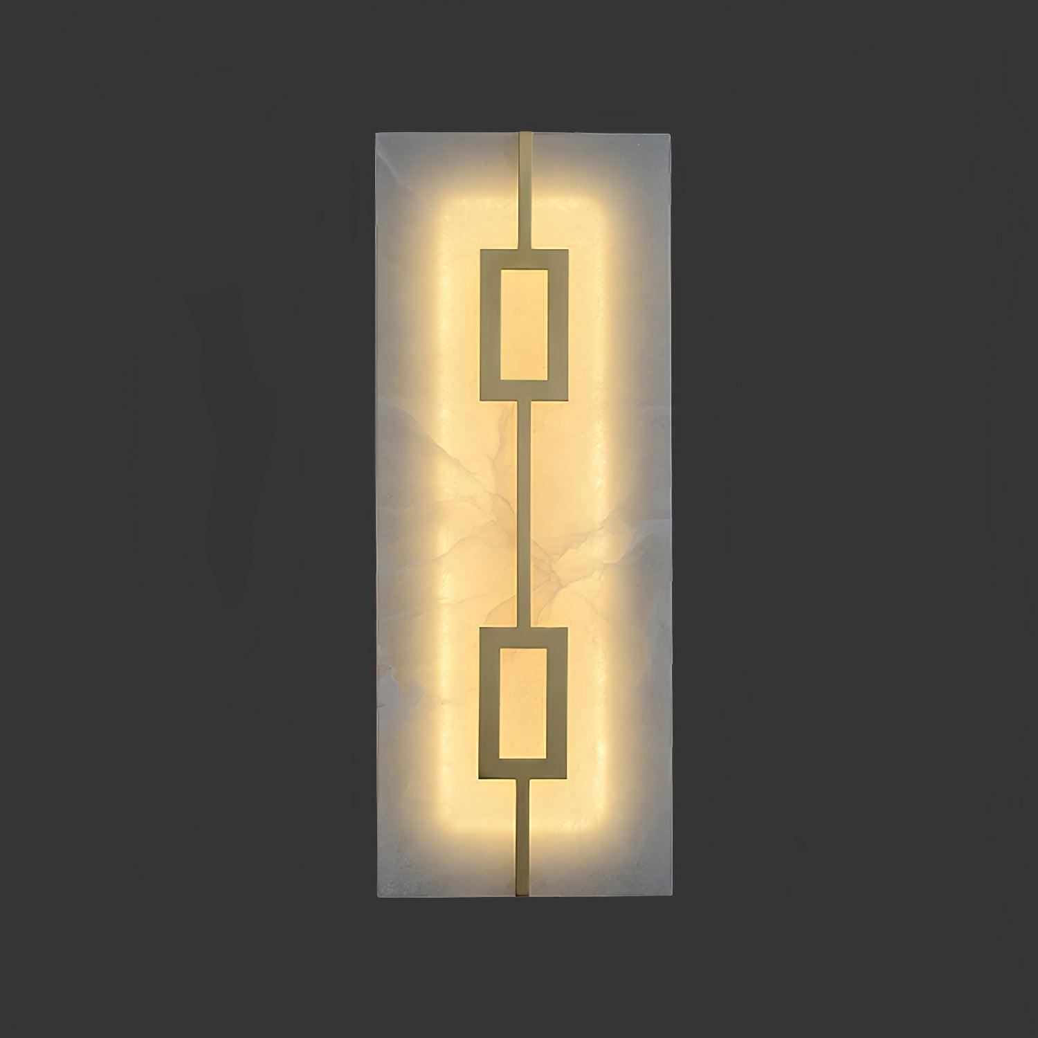 Close front view of tall glowing veined wall panel with two linked brass-tone rectangular motifs