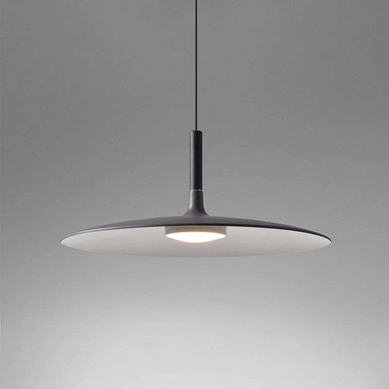 Frontal close view of the dark shallow circular pendant shade and central light