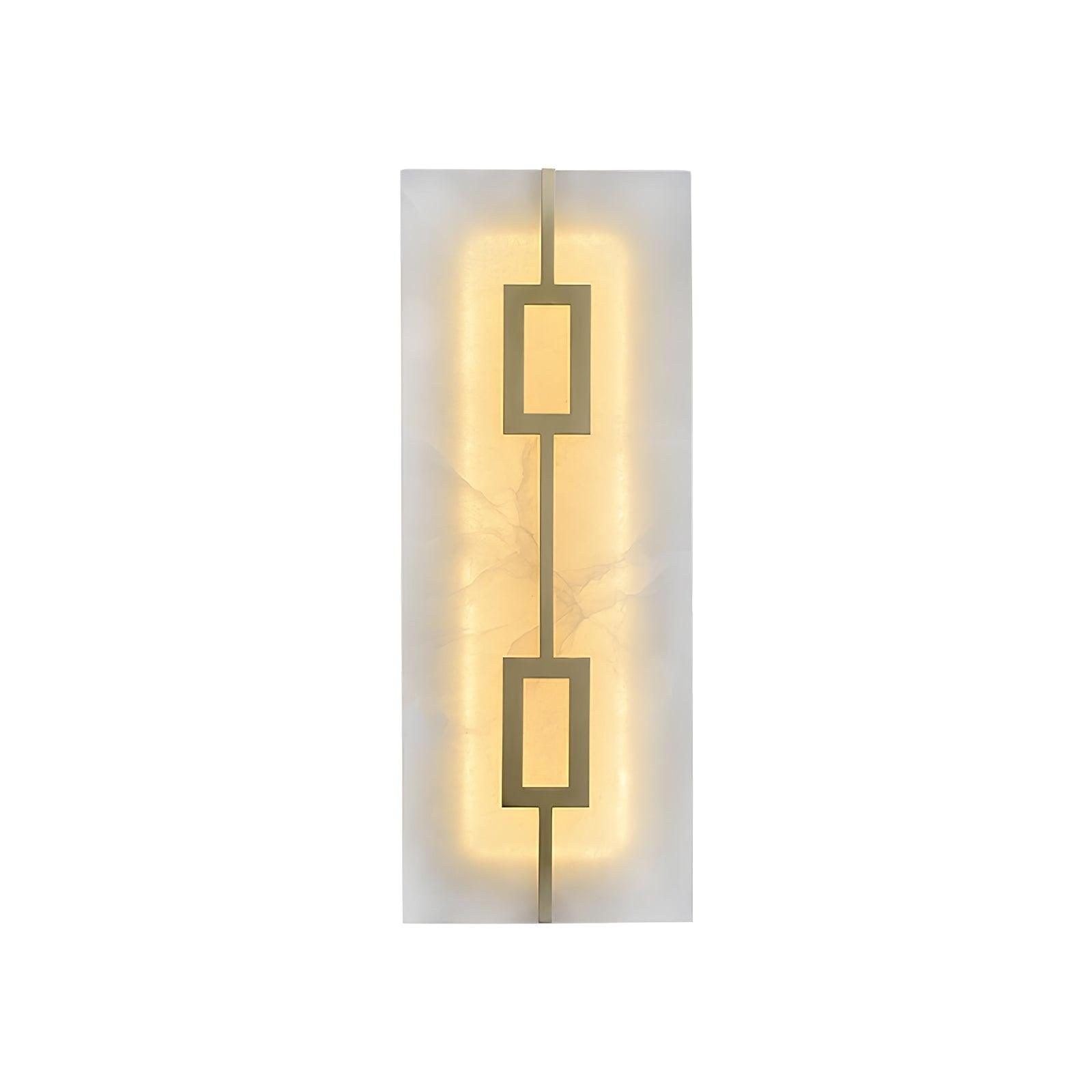 Large isolated front view of lit tall veined panel with two open brass-tone rectangles