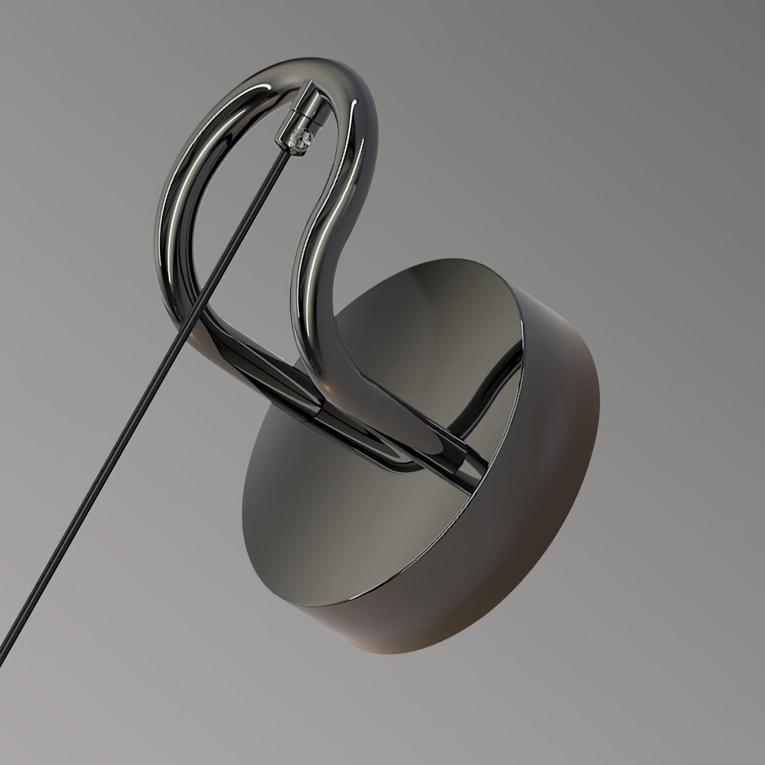 Close view of glossy curled wall arm, dark circular plate and thin suspension cable attached at the arm tip