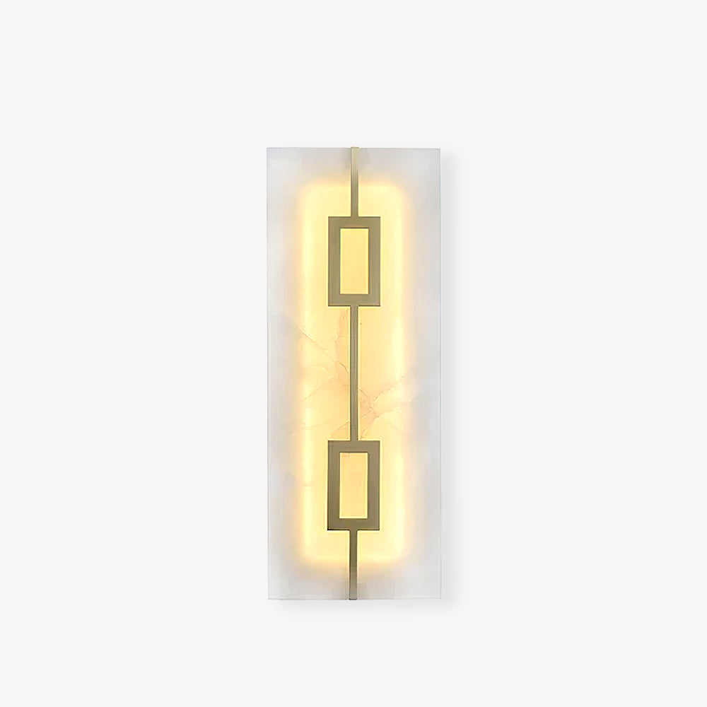 Isolated lit rectangular white veined panel with two brass-tone open rectangles on pale background