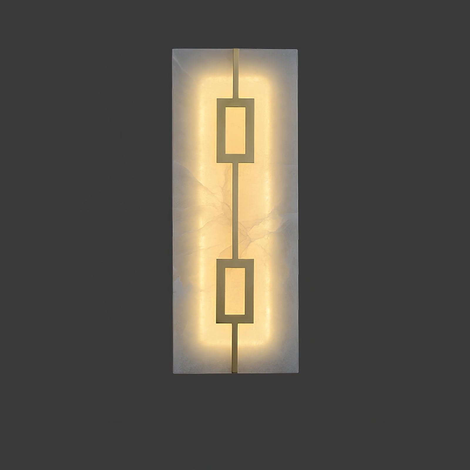 Front close-up of glowing tall veined panel with two linked open brass-tone rectangles on grey background