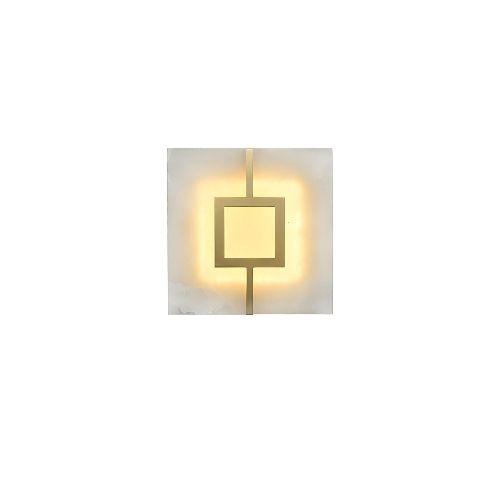 Square white veined panel with one central open brass-tone square and vertical strip on white background