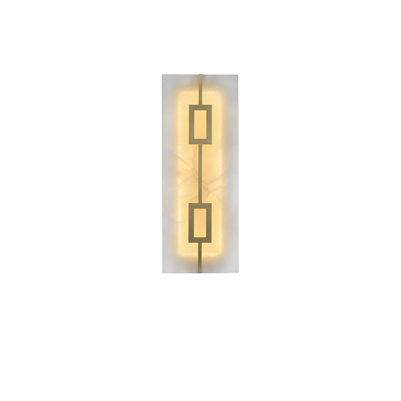 Tall rectangular white veined panel with two linked open brass-tone rectangles on white background