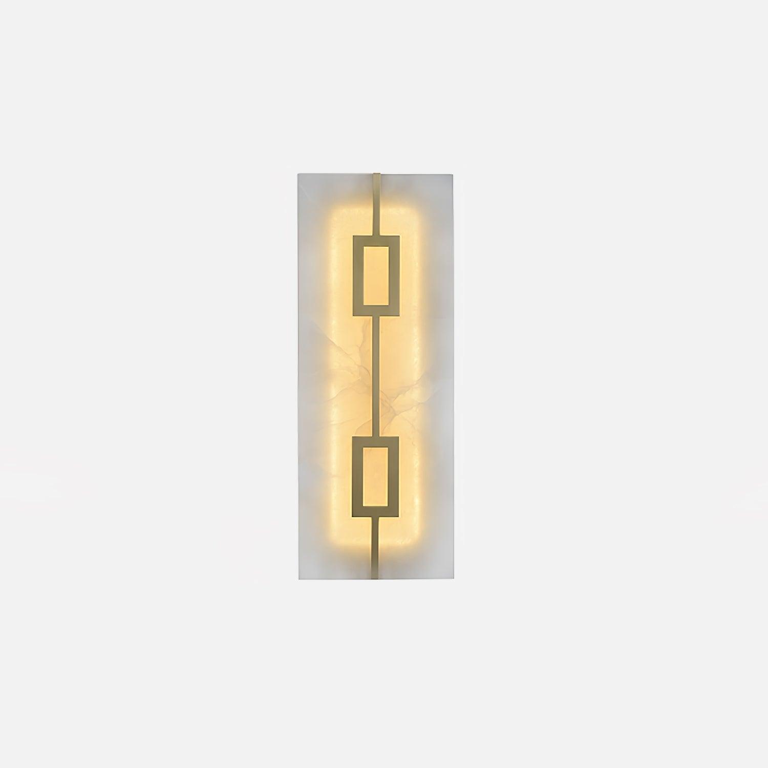 Isolated tall glowing white veined panel with two brass-tone rectangular motifs on pale background