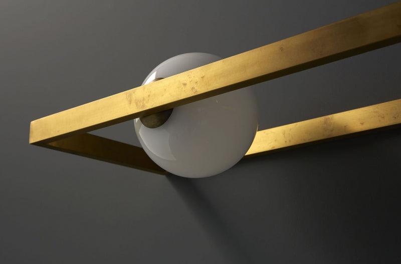 Angled view of pale globe behind gold-toned rails