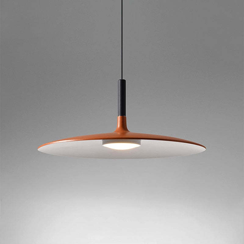 Close red-brown circular shade with pale underside, central light and black neck sleeve
