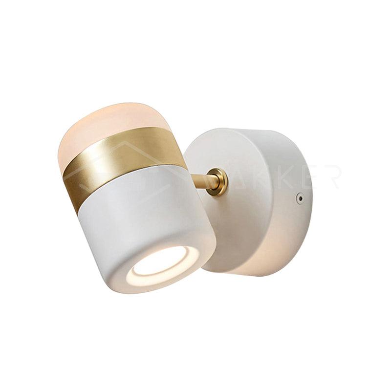 White cylindrical wall light with gold-coloured band, short pivot and round wall plate