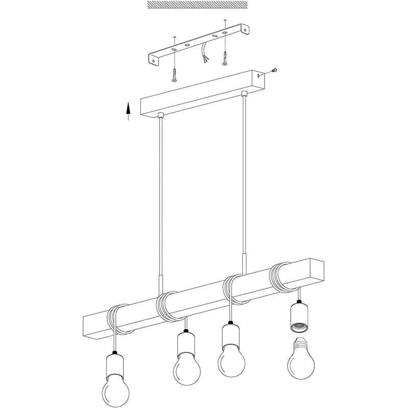 Assembly drawing of the Alessio wood beam pendant with four bulb holders and ceiling bracket.