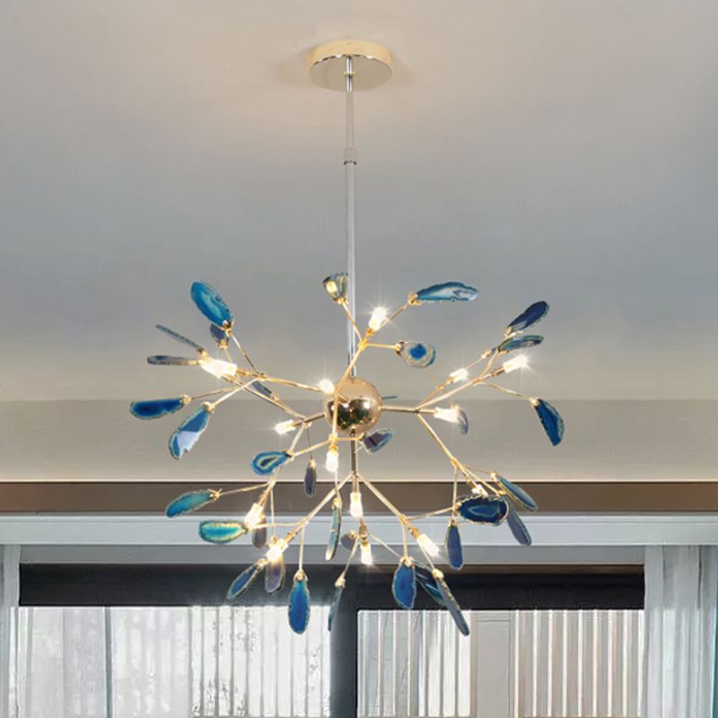 Large blue stone-leaf pendant with lit capsule bulbs, gold-tone centre sphere and round ceiling canopy