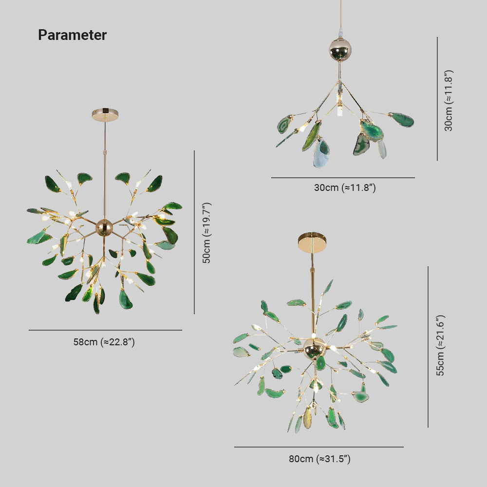 Dimension panel showing compact 30 by 30 cm, taller 58 by 50 cm and wider 80 by 55 cm pendant bodies