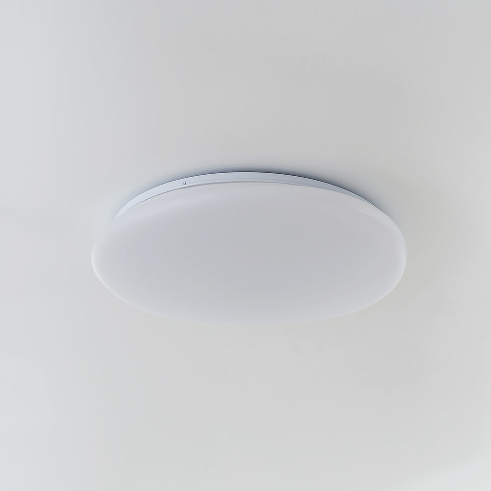 Oblique underside of Quinn white pebble diffuser with thin pale rim and visible side screw against a grey background.