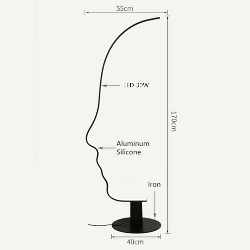 Edge Human Face Profile Modern Arc Floor Lamp, Black, Metal/Silicon - Cueteks