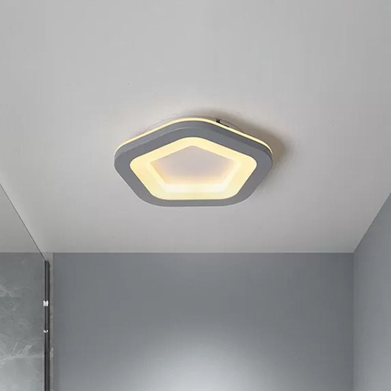 Rounded pentagon gray ceiling fixture with yellow-lit inner and upper edges