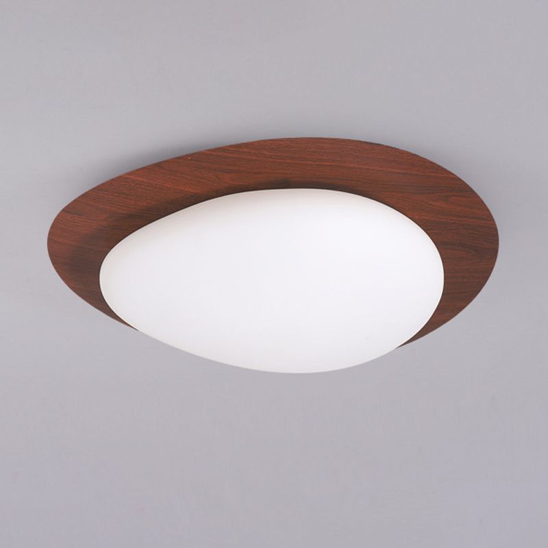 Unlit walnut-colour Quinn ceiling light with a rounded white diffuser