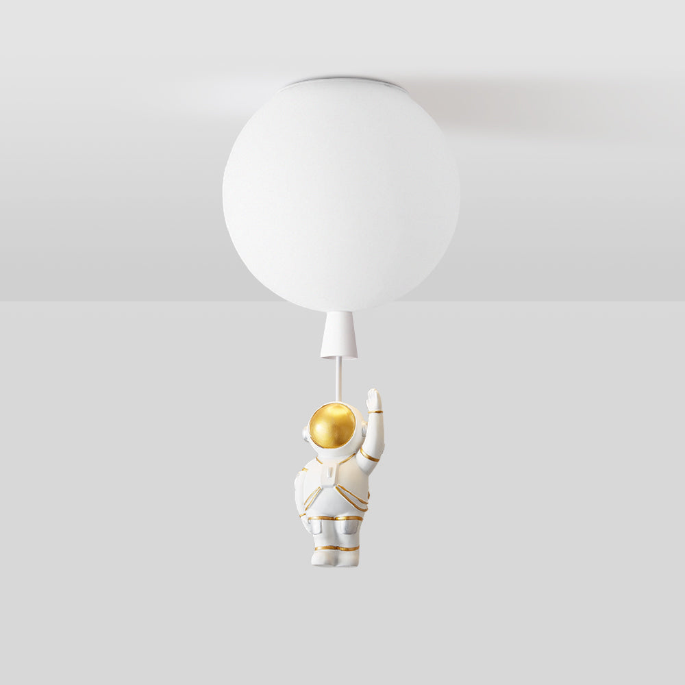 White balloon globe above a one-arm-up white astronaut with gold-tone visor and silver-tone leg details, joined by a pale link.