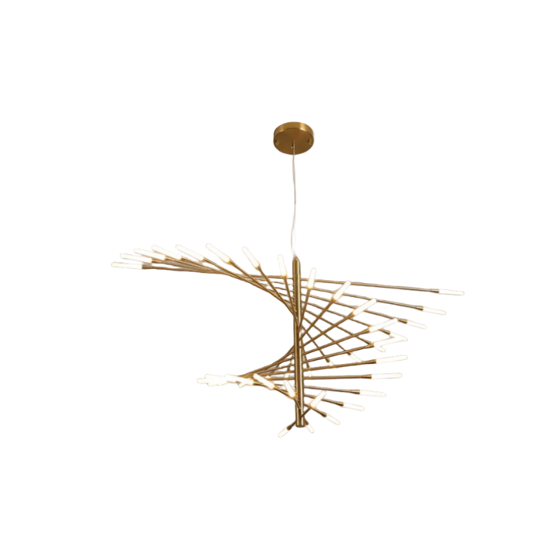 Isolated gold Lowry chandelier on white, straight arms crossing around central stem, pale cylindrical tips and round ceiling canopy
