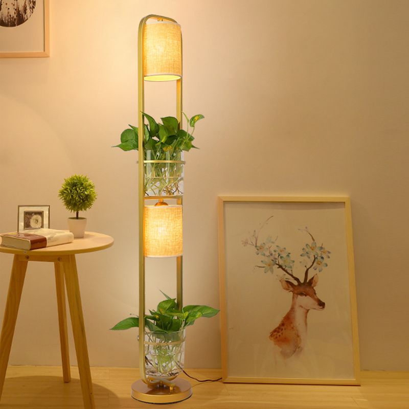 Eryn Simple Cylinder 2-Light Heads Floor Lamp with Planters, Black/White/Gold - Cueteks