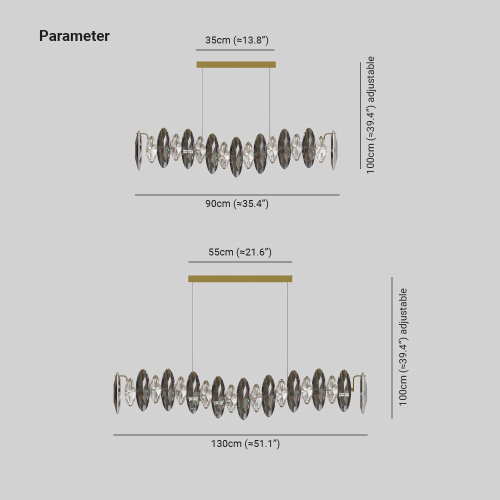 Olivia dimension diagram shows 90 and 130 cm fixtures with 35 and 55 cm canopies.