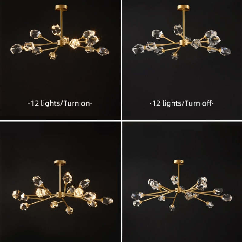 Kristy on-and-off comparison collage with the upper pair labelled 12 lights and another viewing angle below.