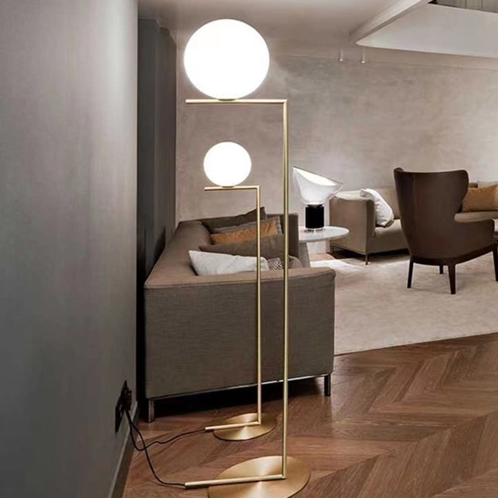 Valentina Modern Right Angle Globe Metal/Glass Standing Floor Lamp, Brass/Silver - Cueteks