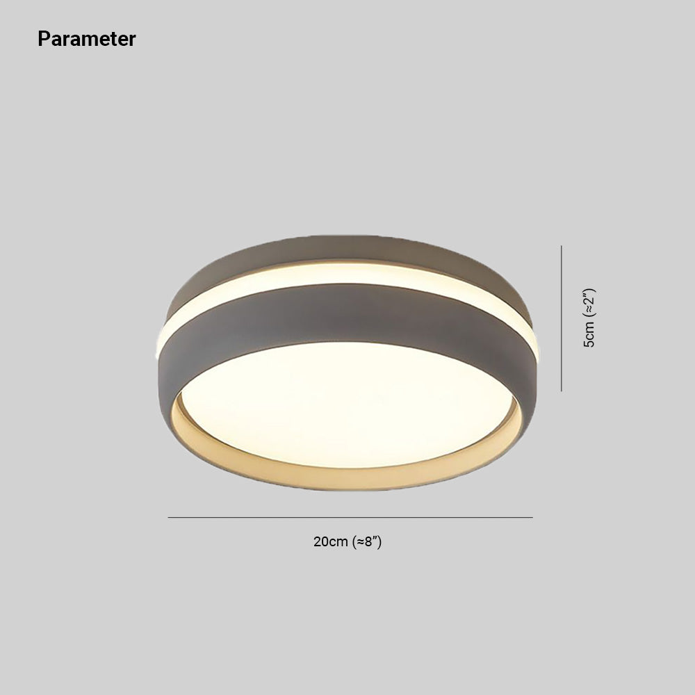 Quinn grey ceiling-light dimension diagram showing 20 cm diameter and 5 cm height, approximately 8 by 2 inches