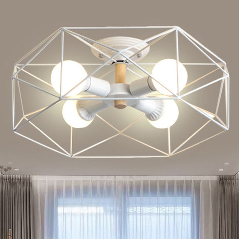 White four-light Cooley lantern with a broad open polygon frame and lit bulbs near sheer curtains and grey window drapes.