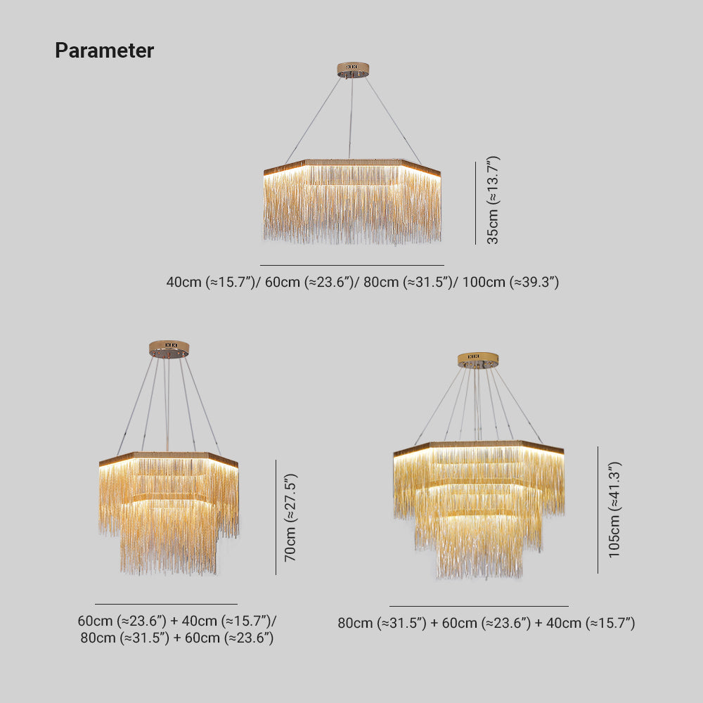 Colon size chart comparing single, two-tier and three-tier chain-fringe pendants