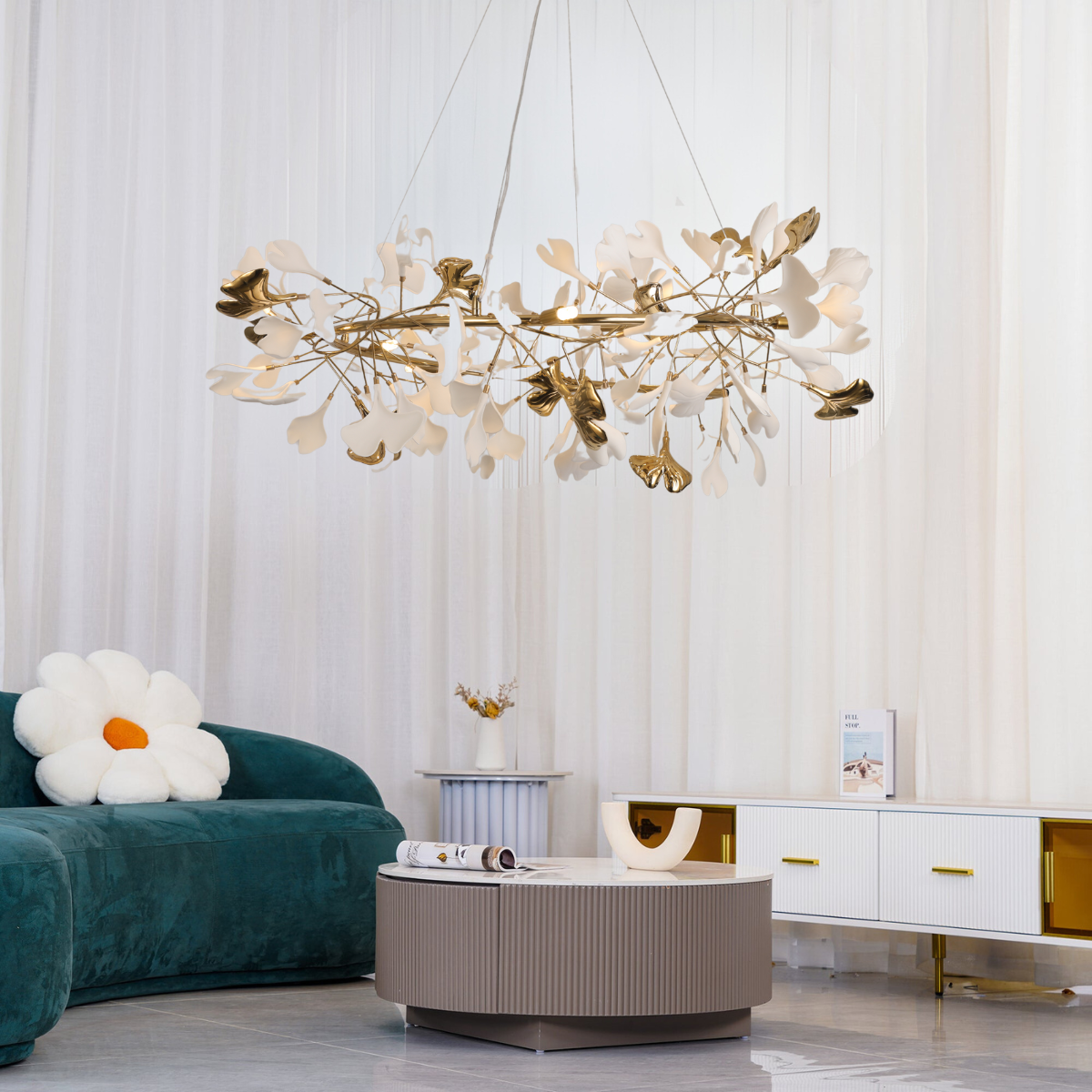 Olivia GinkLuxe Modern Golden LED Chandelier, Metal & Ceramic - Cueteks
