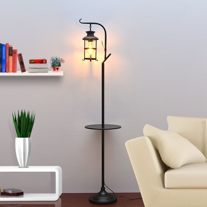 Alessio Retro Lantern Metal Glass Floor Lamp /w Table, Black/White - Cueteks