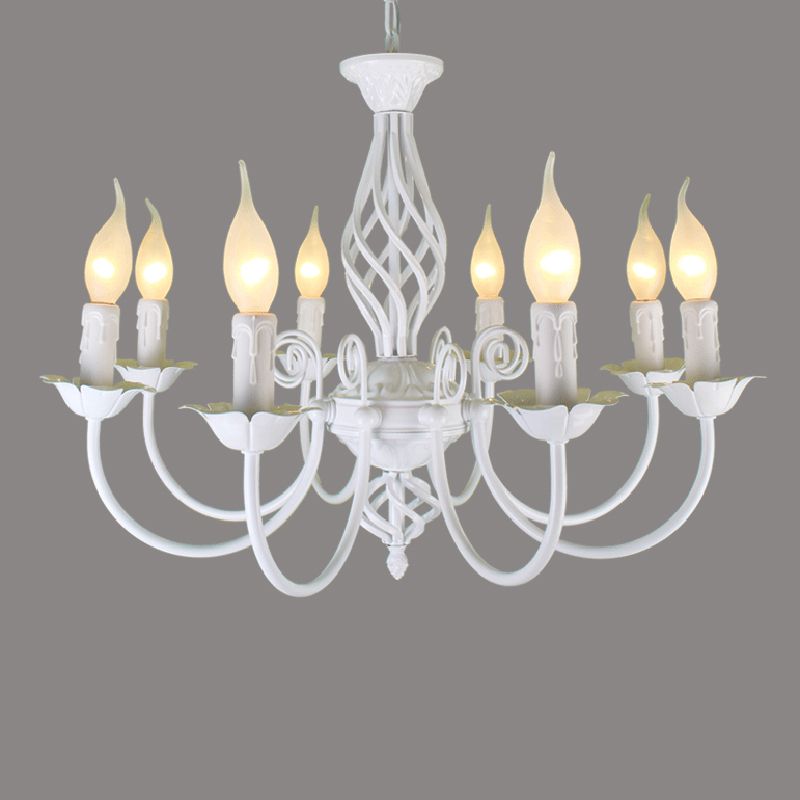 White Silva eight-light chandelier on grey, with scrolling details, curved arms, lower twisted finial and candle-style lights