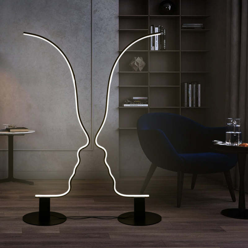 Edge Human Face Profile Modern Arc Floor Lamp, Black, Metal/Silicon - Cueteks