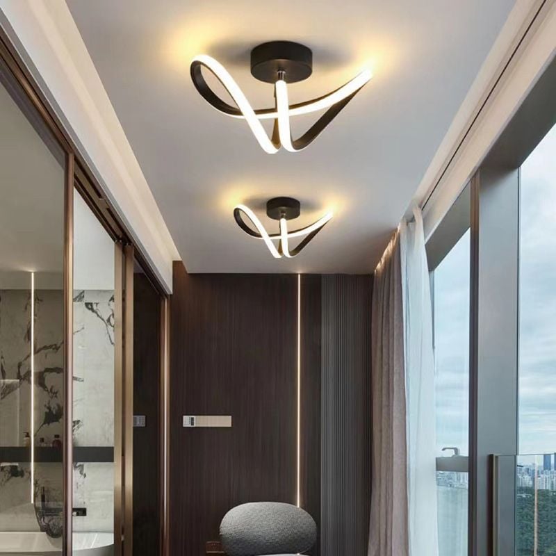 Black Lacey ribbon lights along a narrow gray interior