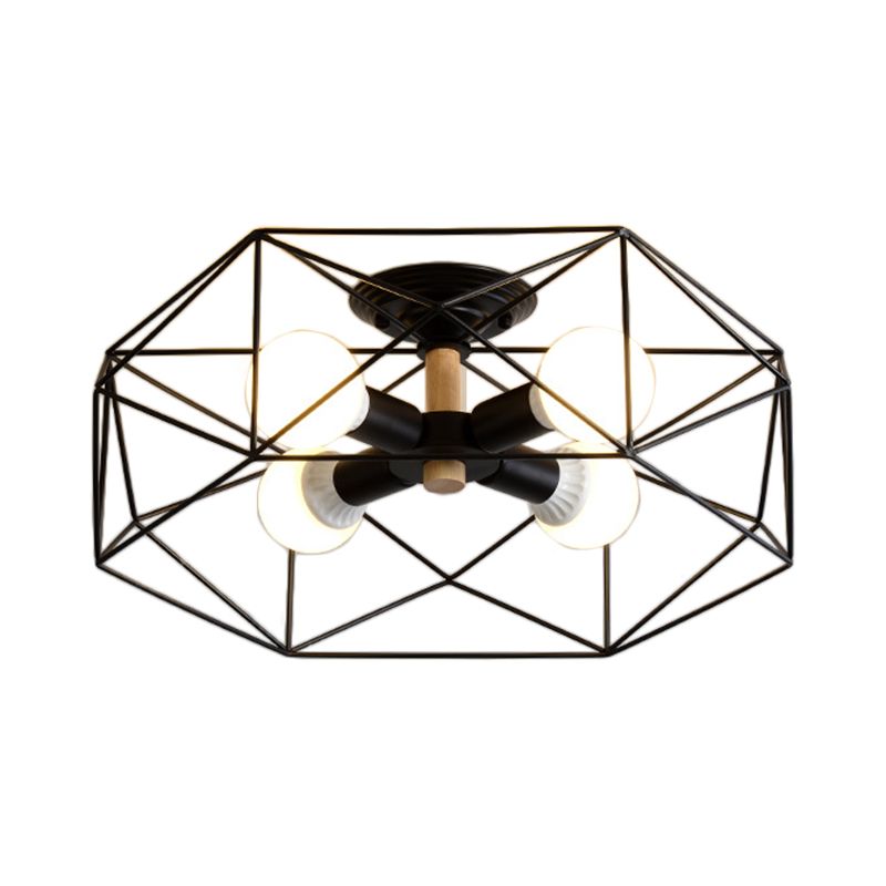 Black four-light Cooley lantern on white, with four example bulbs inside one broad polygon frame beneath a round canopy.