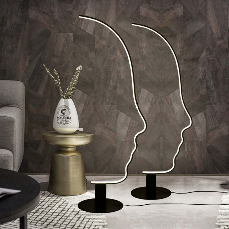 Edge Human Face Profile Modern Arc Floor Lamp, Black, Metal/Silicon - Cueteks