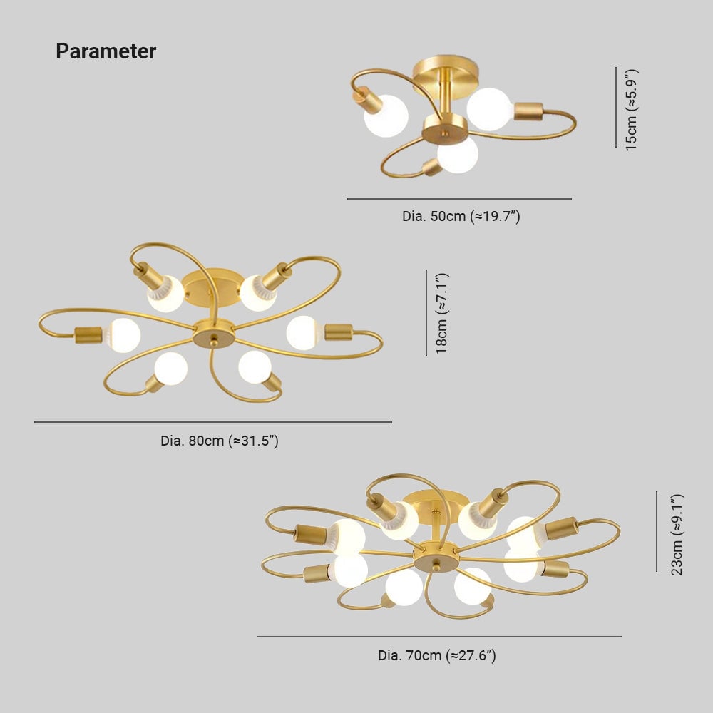 Valentina Gold size drawing: three lights 50 by 15 cm, six lights 80 by 18 cm and eight lights 70 by 23 cm.