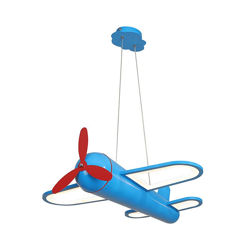 Angled view of the blue Minori airplane pendant with red propeller and outlined wing lights.