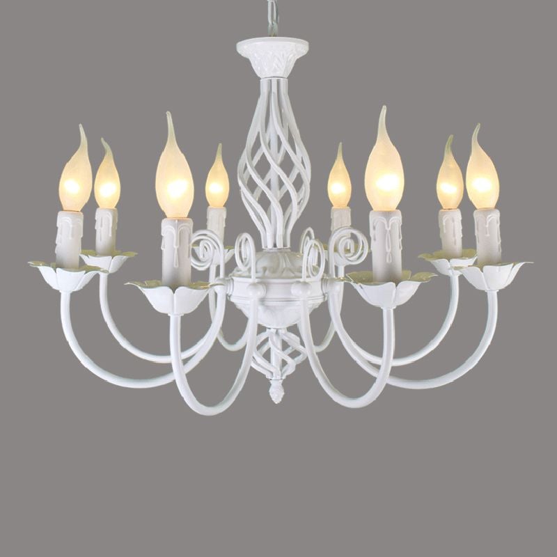 White Silva eight-light chandelier on grey, showing curved arms, flame-shaped bulb illustrations and open twisted centre