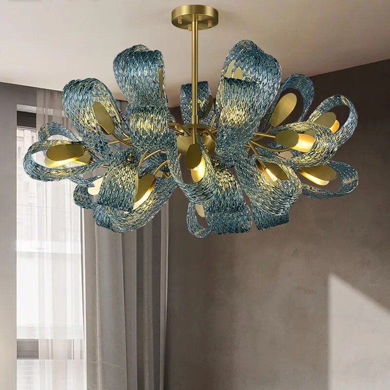 Hailie Vintage Art Deco Blue Glass Chandelier Living Room - Cueteks