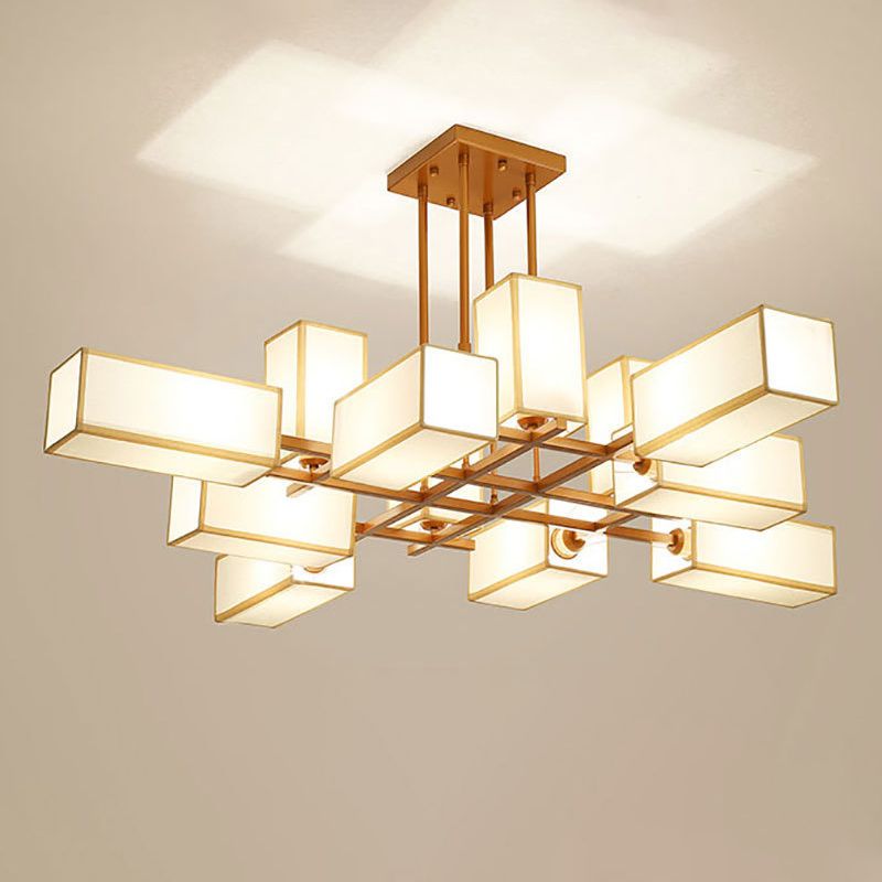 Gold 12-Light chandelier with upright and horizontal light boxes