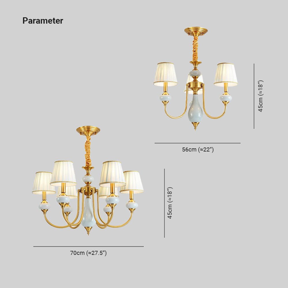 Dimension drawings comparing the three-light and six-light Alessio chandeliers