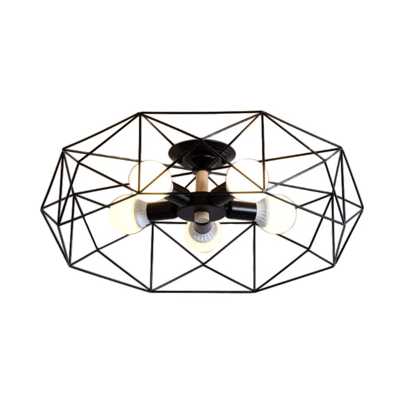 Black five-light Cooley lantern on white, with five example bulbs around the hub inside one polygon frame and a wood-toned stem.