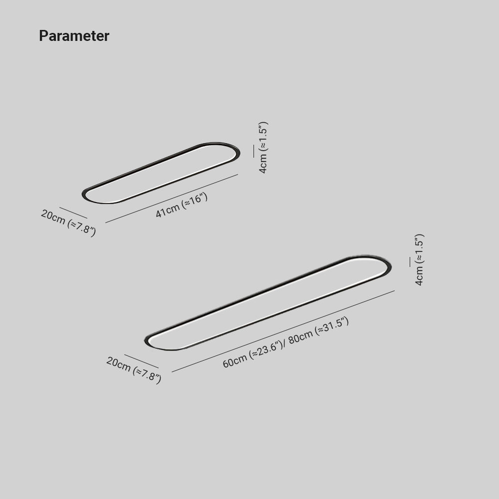 Edge dimension drawing showing lengths of 41, 60 or 80 cm, a 20 cm width and a 4 cm height.
