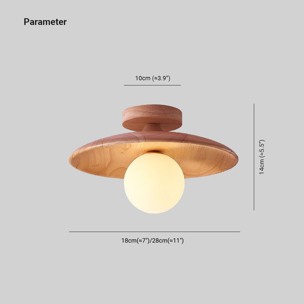Carins diagram labels 18 or 28 cm disc diameter, a 10 cm canopy span and 14 cm example height including the pictured white globe.