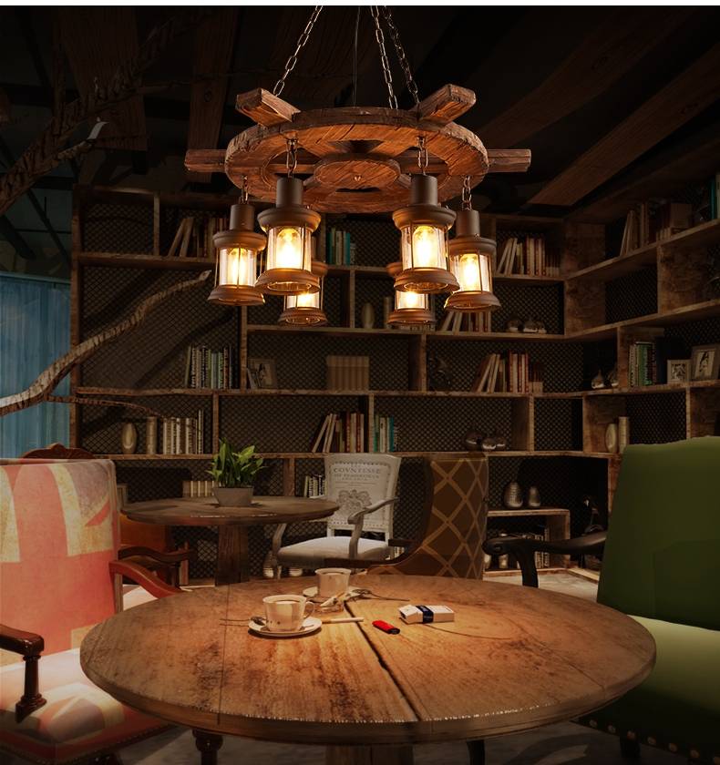 Austin wooden wheel pendant above a round dining table