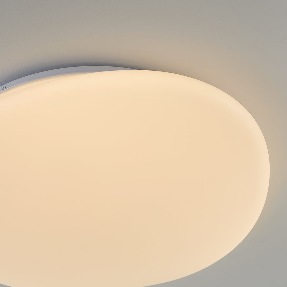 Close-up of Quinn warm-looking diffuser edge, thin pale housing rim and small side screw.
